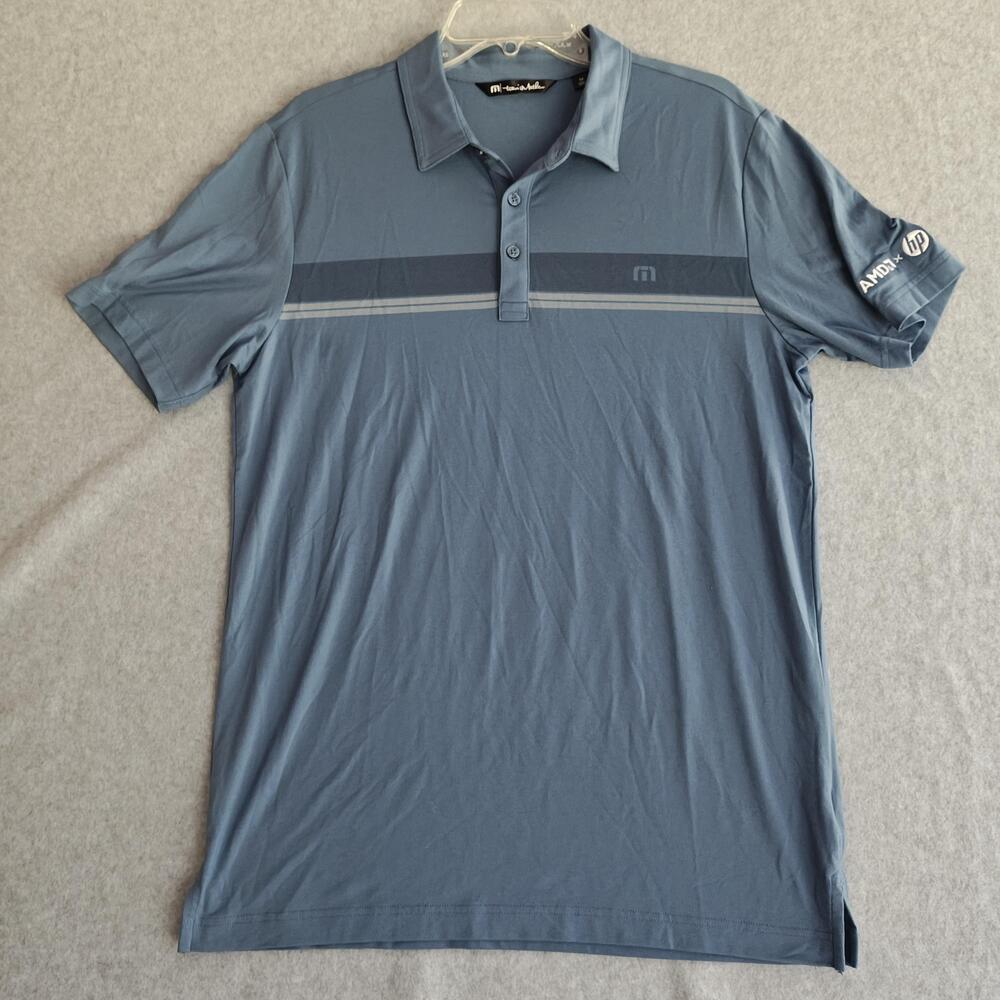 Travis Mathew AMD HP Polo Shirt Mens M Blue Logo Striped Golf Computer Office
